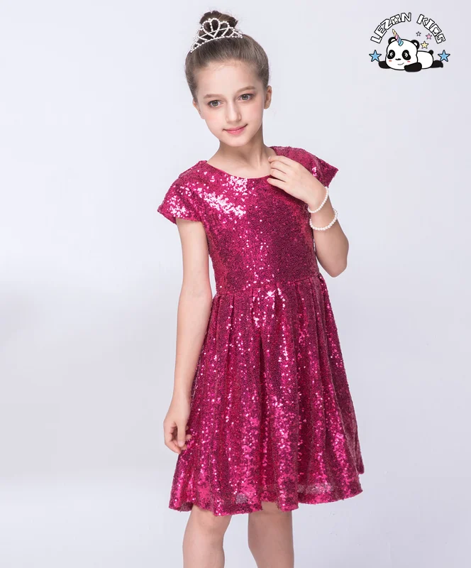 LEZONKIDS - Customizable Hot Selling Short Sleeved Sequin Fabric Dress Pure Color Round Neck Party Princess Girls Dresses